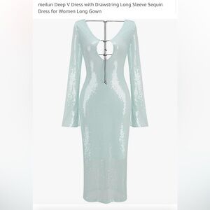meilun sequin Deep V Dress with Drawstring Long Sleeve NWT